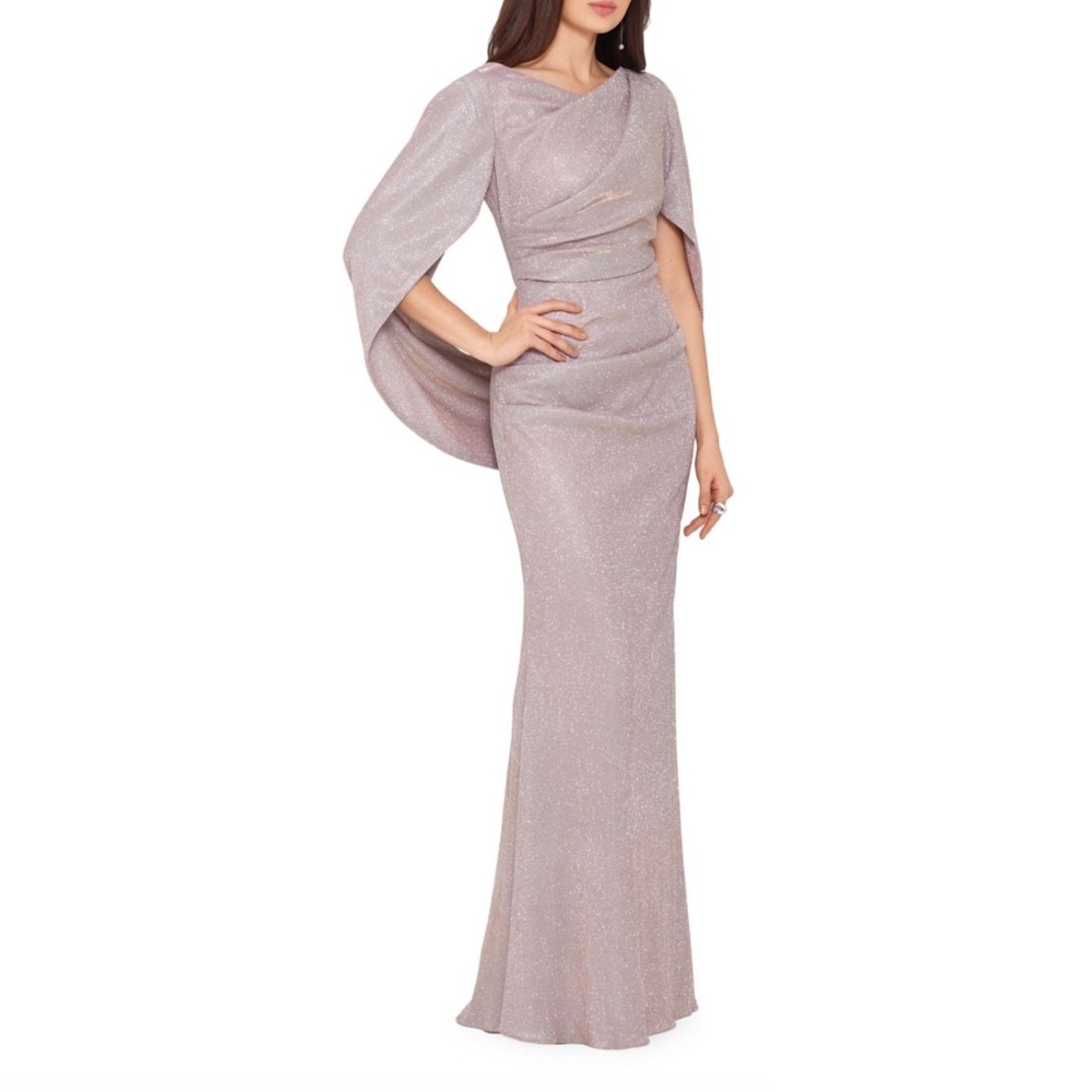 Metallic Backed Drape Ruched Evening Gown